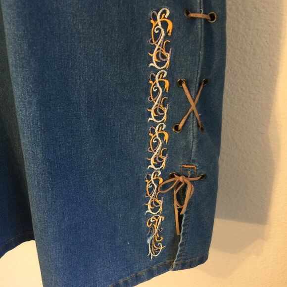 Starwear Jeans Denim Mini Dress Vintage Embroidered Laced Neckline Side Zipper S - Picture 2 of 16